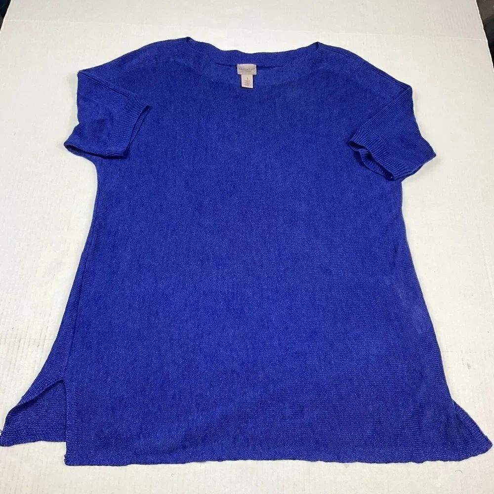 Chicos Easywear Tunic Sweater Blue Short Sleeve Boat Neck Knit Pullover 1 Medium
